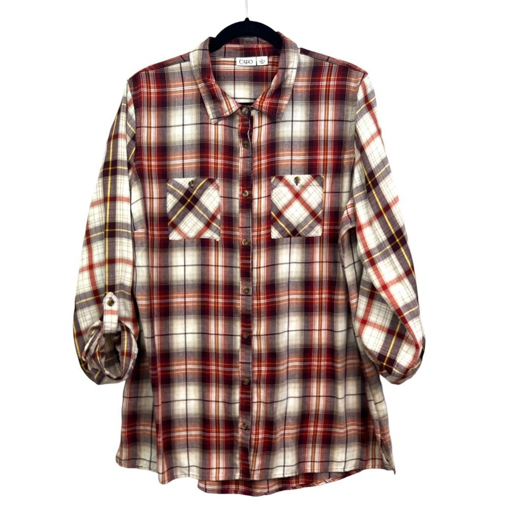 Cato Women Plaid Shirt Top Collared Long Roll Sleeves Pockets Orange Cream XL*